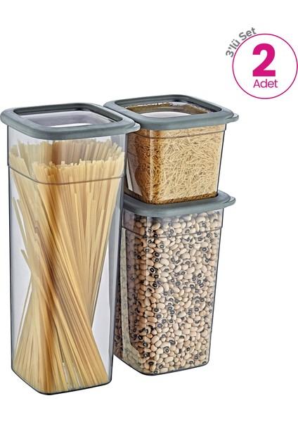 2'li Set Skali Kare Saklama Kabı Antrasit (2'şer Adet 740 Ml, 1440 Ml, 2350 Ml)