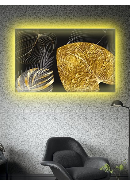 LED Işıklı Gold Siyah Yaprak Tablo