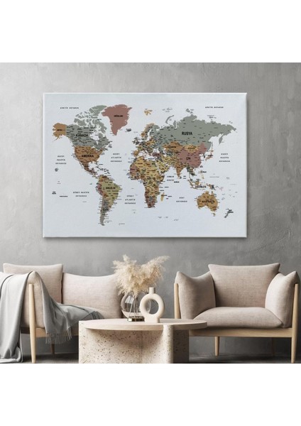 Türkçe Dünya Haritası Dekoratif Kanvas Tablo Son Derece Detaylı 1634 fiyatları