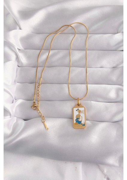 316L Çelik Gold Renk Beyaz Mineli Kız Figür Tarot Kolye fiyatları