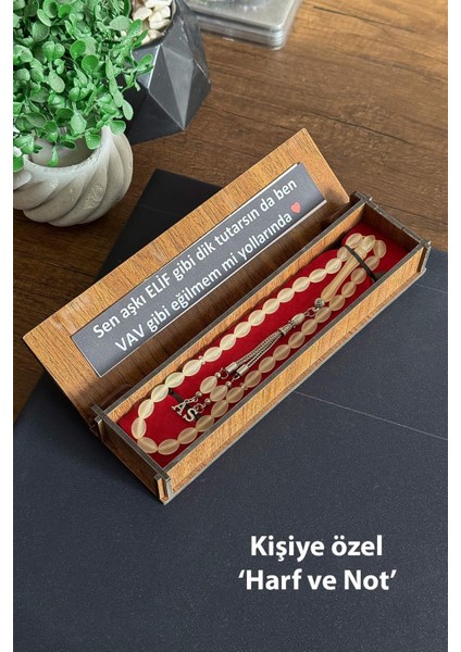 Kişiye Özel Harf ve Notlu Ahşap Kutuda Kedi Gözü Tesbih