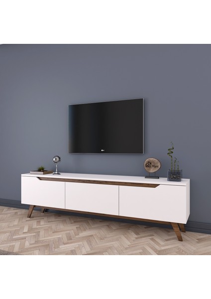 D1 Tv Ünitesi Modern Ayaklı Tv Sehpası 180 cm Beyaz - Minyatür Ceviz
