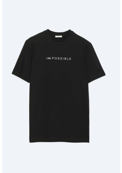 Siyah Baskılı Bisiklet Yaka %100 Pamuk T-Shirt