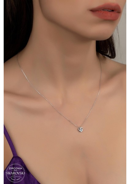 Swr Zirconia Minimal Kalp Pırlanta Montür Kadın Gümüş Kolye