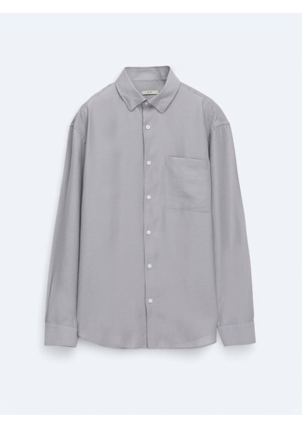 Lila Düz Oversize Fit Dokuma Casual Gömlek