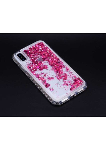 iPhone x - Xs Uyumlu Kılıf Özel Tasarım Sıralı Taşlı Sıvılı Simli Silikon Kapak