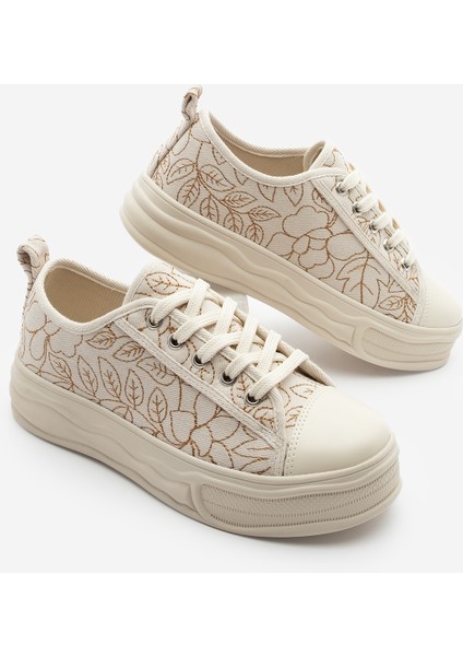 Kadın Sneaker Nakışlı Bağcıklı Keten Spor Ayakkabı Magis