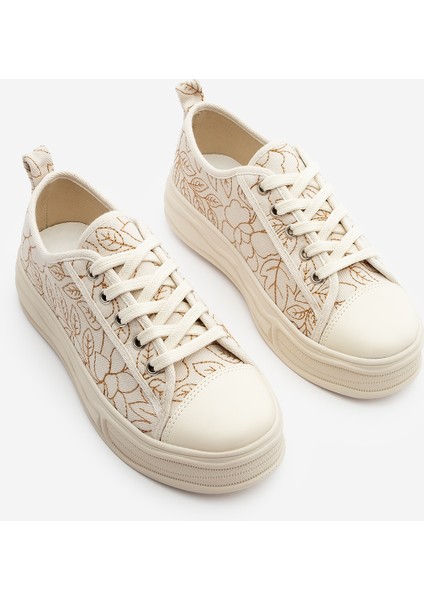 Kadın Sneaker Nakışlı Bağcıklı Keten Spor Ayakkabı Magis