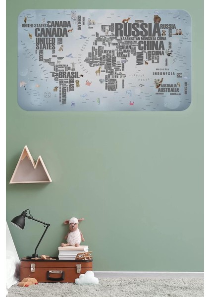 Ülke Adlı Eğitici Dünya Haritası Dünya Atlası Çocuk ve Bebek Odası Duvar STICKER -60X105-3823