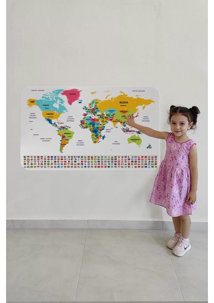 Türkçe Ülke Bayrak Lı Eğitici Başkent Detaylı Atlası Dünya Haritası Duvar STICKER -60X105-3834 fırsatları