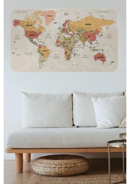 Türkçe Eğitici Ülke ve Başkent Okyanus Detaylı Atlası Dünya Haritası Duvar STICKER -60X105-3837