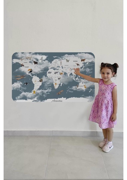 Eğitici Dünya Haritası Dünya Atlası Çocuk ve Bebek Odası Duvar STICKER -60X105-3818