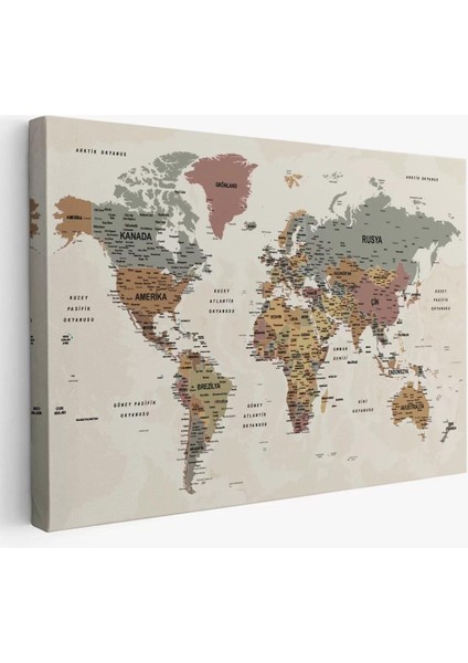 Türkçe Dünya Haritası Ayrıntılı Eğitici-Öğretici Okyanuslu Dekoratif Kanvas Tablo 2550