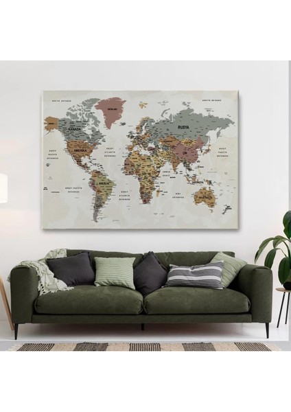 Türkçe Dünya Haritası Ayrıntılı Eğitici-Öğretici Okyanuslu Dekoratif Kanvas Tablo 2550 fiyatları