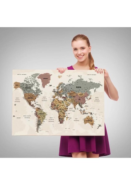 Türkçe Dünya Haritası Ayrıntılı Eğitici-Öğretici Okyanuslu Dekoratif Kanvas Tablo 2550 fırsatları