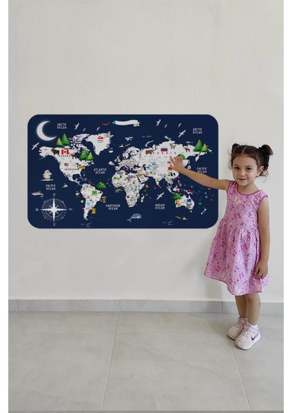 Eğitici ve Bayraklı Dünya Haritası Dünya Atlası Çocuk ve Bebek Odası Duvar STICKER-60X105-3819