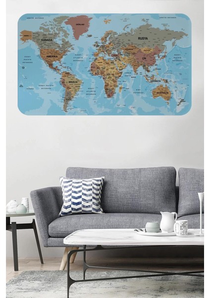 Türkçe Eğitici Ülke ve Başkent Okyanus Detaylı Atlası Dünya Haritası Duvar STICKER -60X105-3849
