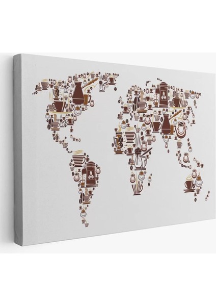 Kahve Coffee Temalı Dünya Haritası Dekoratif Kanvas Tablo 1087