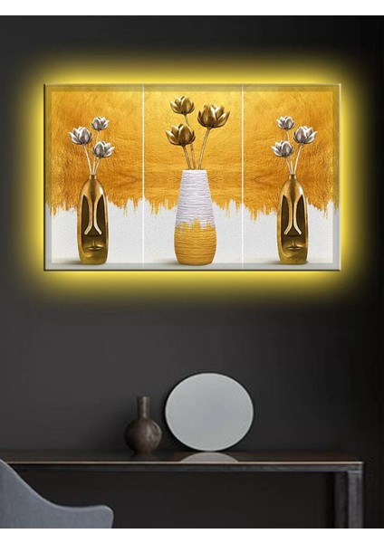 LED Işıklı Üçlü Gold Vazo Çok Şık Kanvas Tablo