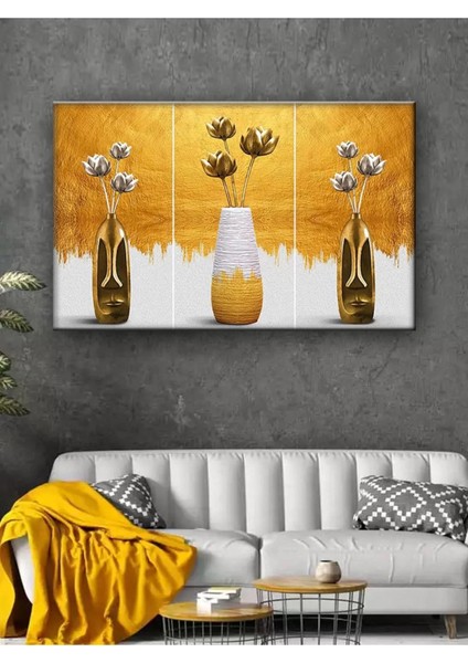 LED Işıklı Üçlü Gold Vazo Çok Şık Kanvas Tablo
