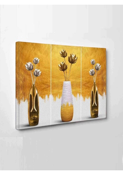 LED Işıklı Üçlü Gold Vazo Çok Şık Kanvas Tablo