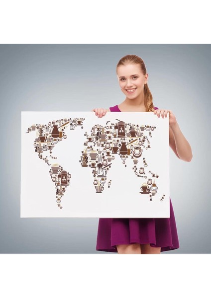Kahve Coffee Temalı Dünya Haritası Dekoratif Kanvas Tablo 1087 fırsatları