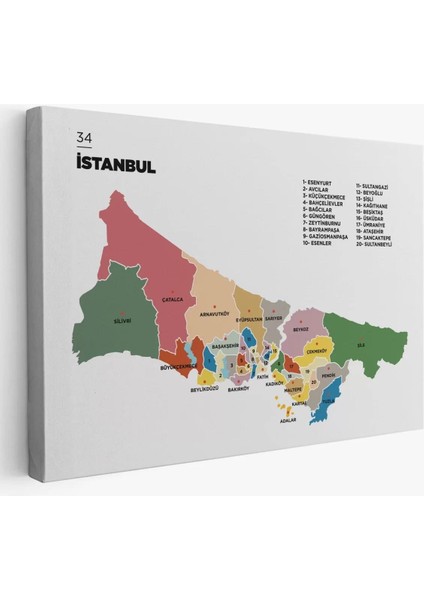 Istanbul Ili ve Ilçeler Haritası Dekoratif Kanvas Tablo 1365