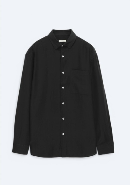 Siyah Düz Oversize Fit Dokuma Casual Gömlek