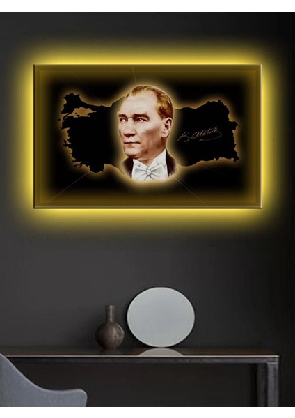 LED Işıklı Atatürk ve Türkiye Haritası Duvar Tablosu
