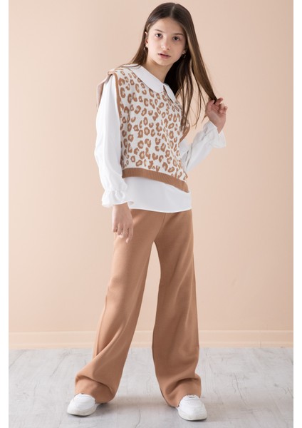 Kahve Süveterli Gömlekli Kız Çocuk Triko Pantolonlu 3lü Takım 20343