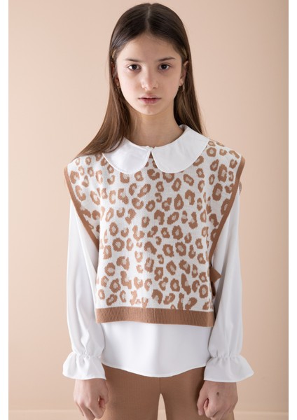 Kahve Süveterli Gömlekli Kız Çocuk Triko Pantolonlu 3lü Takım 20343 fiyatları