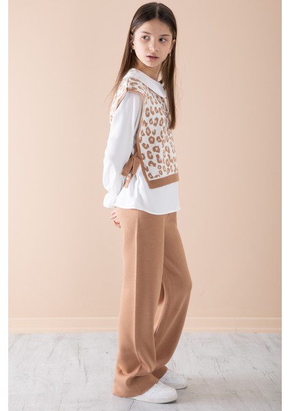 Kahve Süveterli Gömlekli Kız Çocuk Triko Pantolonlu 3lü Takım 20343 modelleri