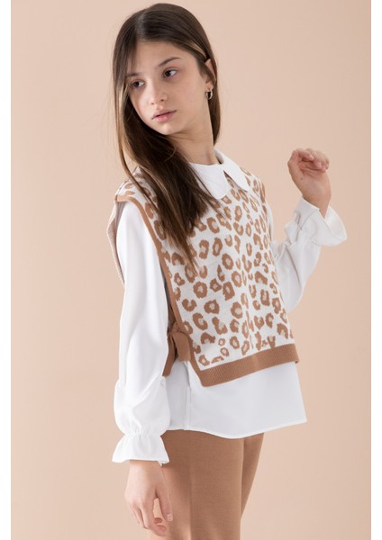 Kahve Süveterli Gömlekli Kız Çocuk Triko Pantolonlu 3lü Takım 20343 fırsatları