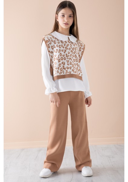 Kahve Süveterli Gömlekli Kız Çocuk Triko Pantolonlu 3lü Takım 20343 indirimleri