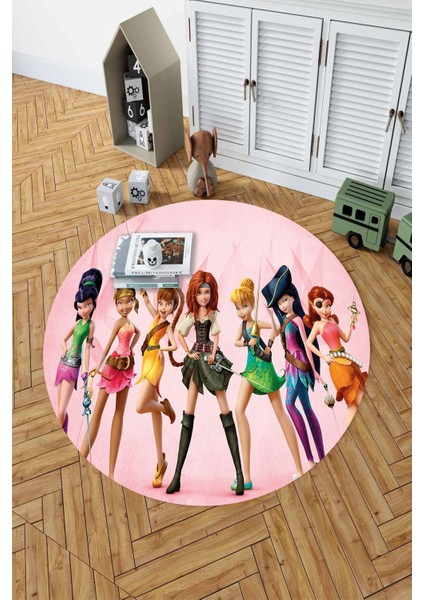 Baskılı Kahraman Kızlar Figürlü Yıkanabilir Kaymaz Yuvarlak Çocuk Odası Halısı, Çocuk-Y-97-Pembe,
