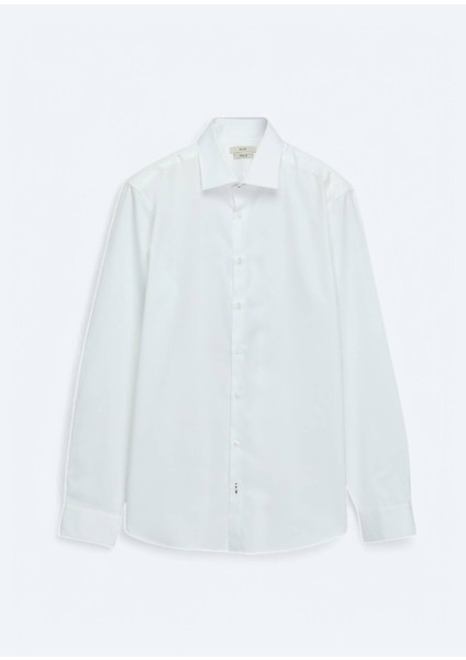 Beyaz Düz Slim Fit Dokuma Klasik %100 Pamuk Gömlek