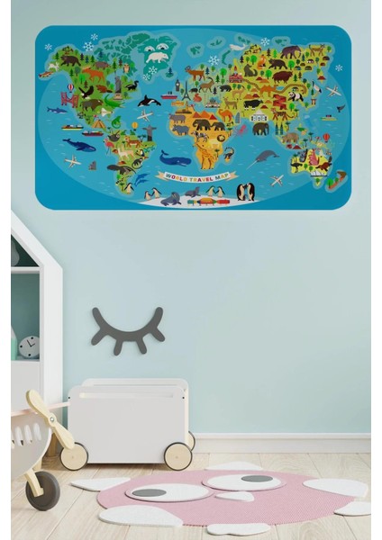 Eğitici Dünya Haritası Dünya Atlası Çocuk ve Bebek Odası Duvar STICKER-60X105-3788
