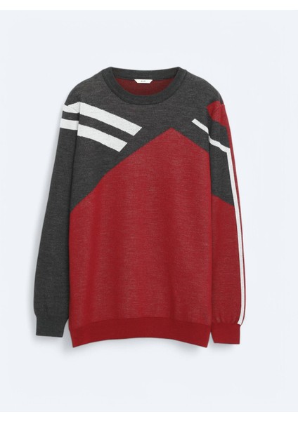 Kırmızı Bisiklet Yaka Desenli Yün Karışımlı Triko Kazak