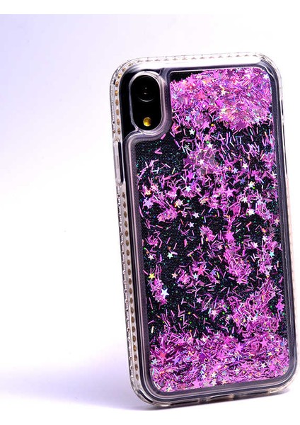 iPhone Xr Uyumlu Kılıf Özel Tasarım Sıralı Taşlı Sıvılı Simli Silikon Kapak