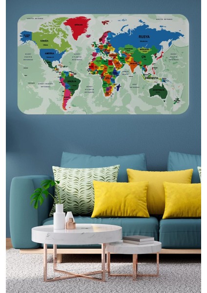 Türkçe Eğitici Ülke ve Başkent Okyanus Detaylı Atlası Dünya Haritası Duvar STICKER -60X105-3840