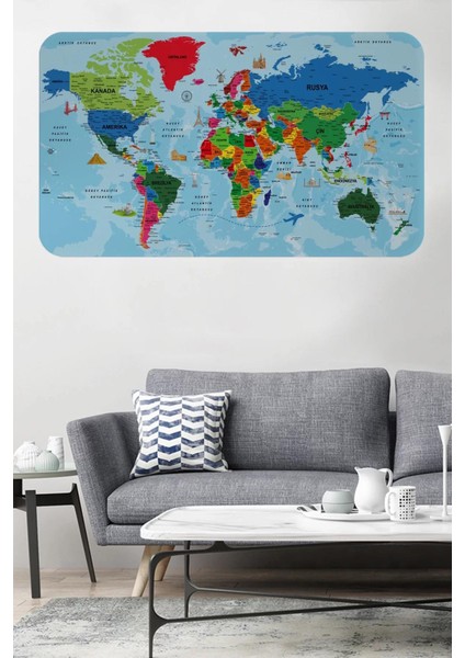 Türkçe Eğitici Ülke ve Başkent Okyanus Detaylı Atlası Dünya Haritası Duvar STICKER -60X105-3866