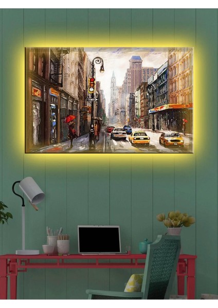 LED Işıklı Sokak Yağlı Boya (Yatak Odası Tablosu)