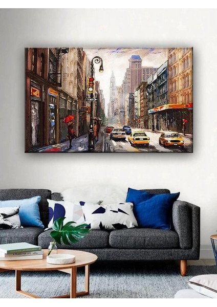 LED Işıklı Sokak Yağlı Boya (Yatak Odası Tablosu)