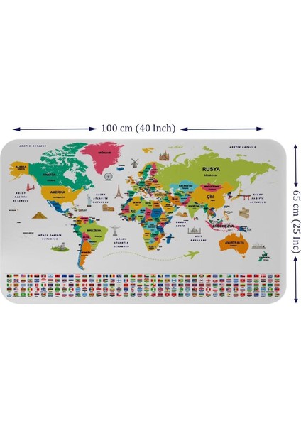 Türkçe Ülke Bayrak Lı Eğitici Başkent Detaylı Atlası Dünya Haritası Duvar STICKER -60X105-3860 fiyatları