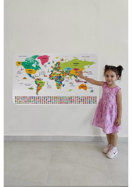 Türkçe Ülke Bayrak Lı Eğitici Başkent Detaylı Atlası Dünya Haritası Duvar STICKER -60X105-3860 fırsatları