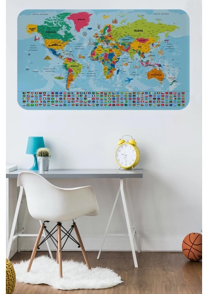 Dünya Haritası Eğitici Ülke Bayraklı Türkçe Harita Çocuk ve Genç Odası Duvar STICKER-60X105-3865B