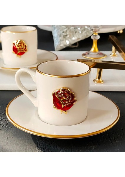 Love Roses 4 Parça 2 Kişilik Yaldızlı Porselen Kahve Fincan Takımı