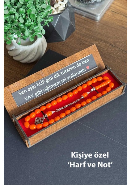 Kişiye Özel Harf ve Notlu Ahşap Kutuda Toz Kehribar Tesbih