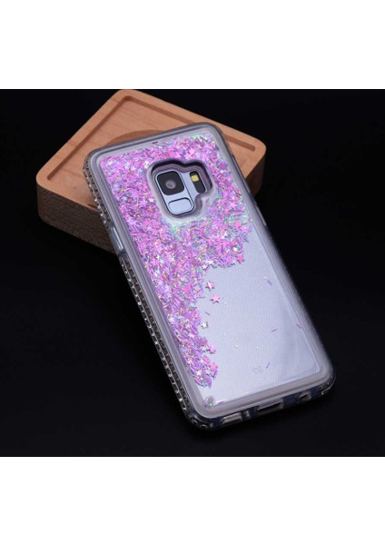 Galaxy S9 Uyumlu Kılıf Özel Tasarım Sıralı Taşlı Sıvılı Simli Silikon Kapak
