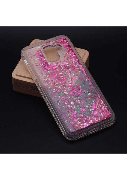 Galaxy J6 Uyumlu Kılıf Özel Tasarım Sıralı Taşlı Sıvılı Simli Silikon Kapak